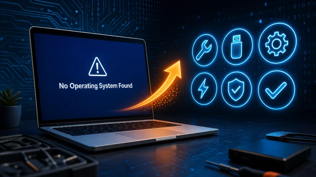 No operating system installed error message on a black laptop boot screen