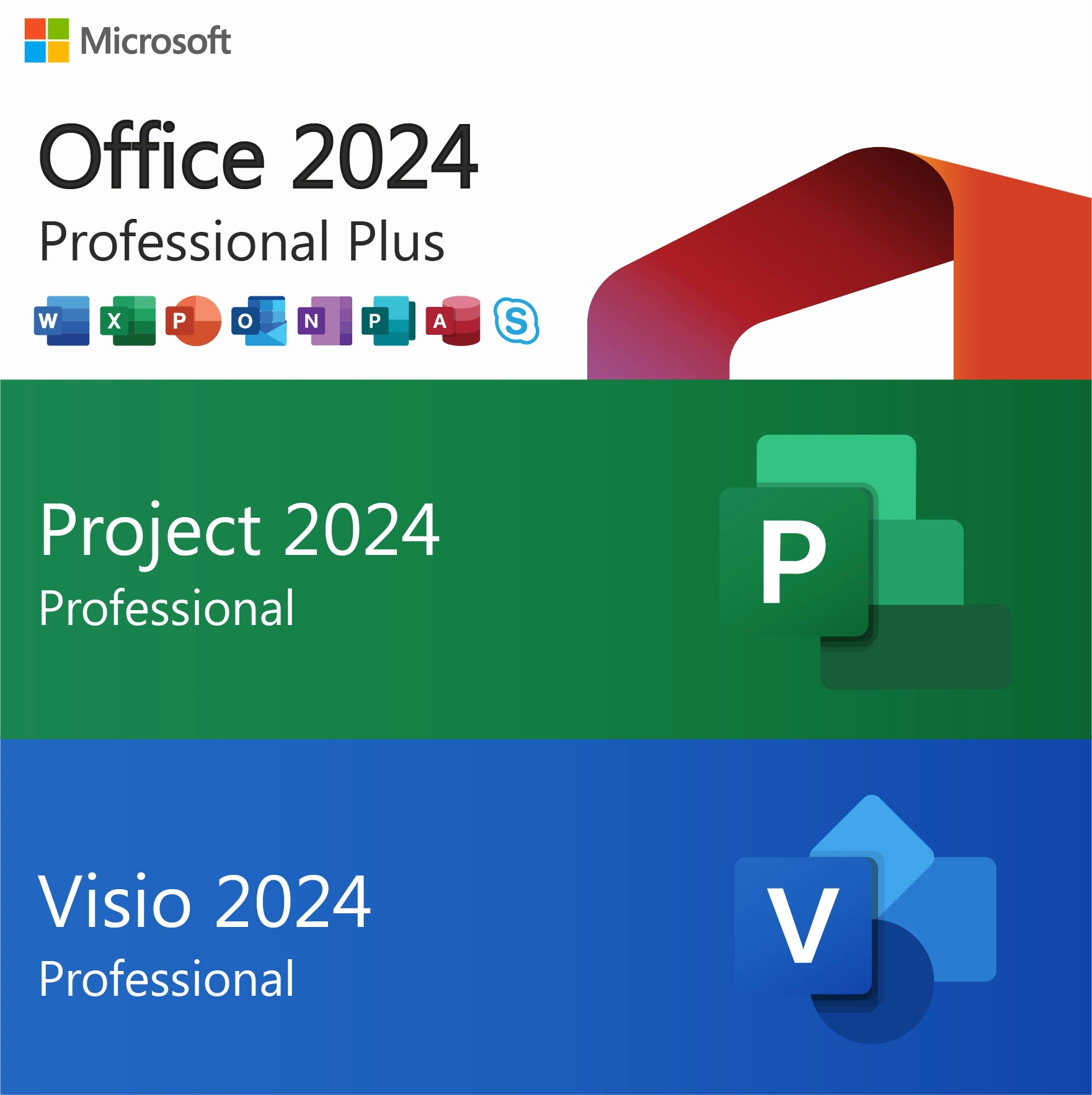 Microsoft Office 2024 Pro Plus, Visio and Project 2024 bundle boxes