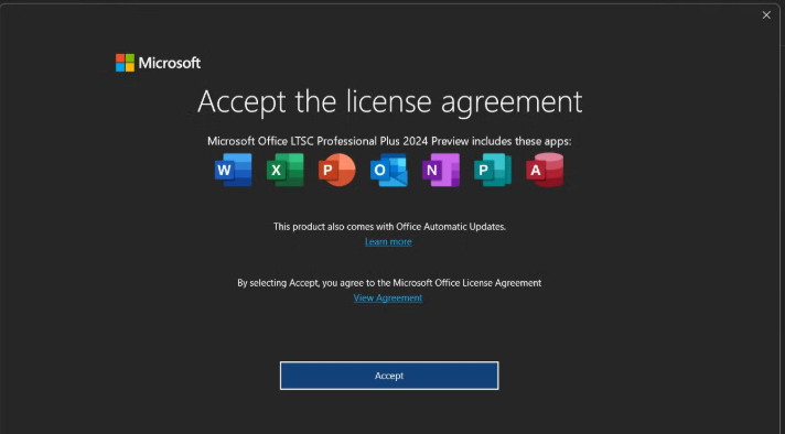 Accept the Microsoft Office LTSC Professional Plus 2024 license agreement