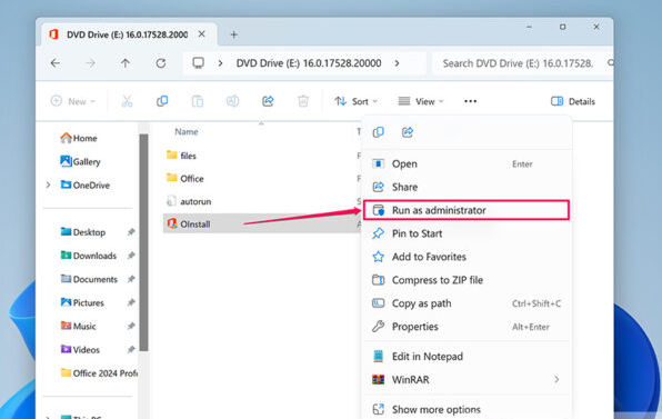 Run the Office 2024 Professional Plus installer as administrator
