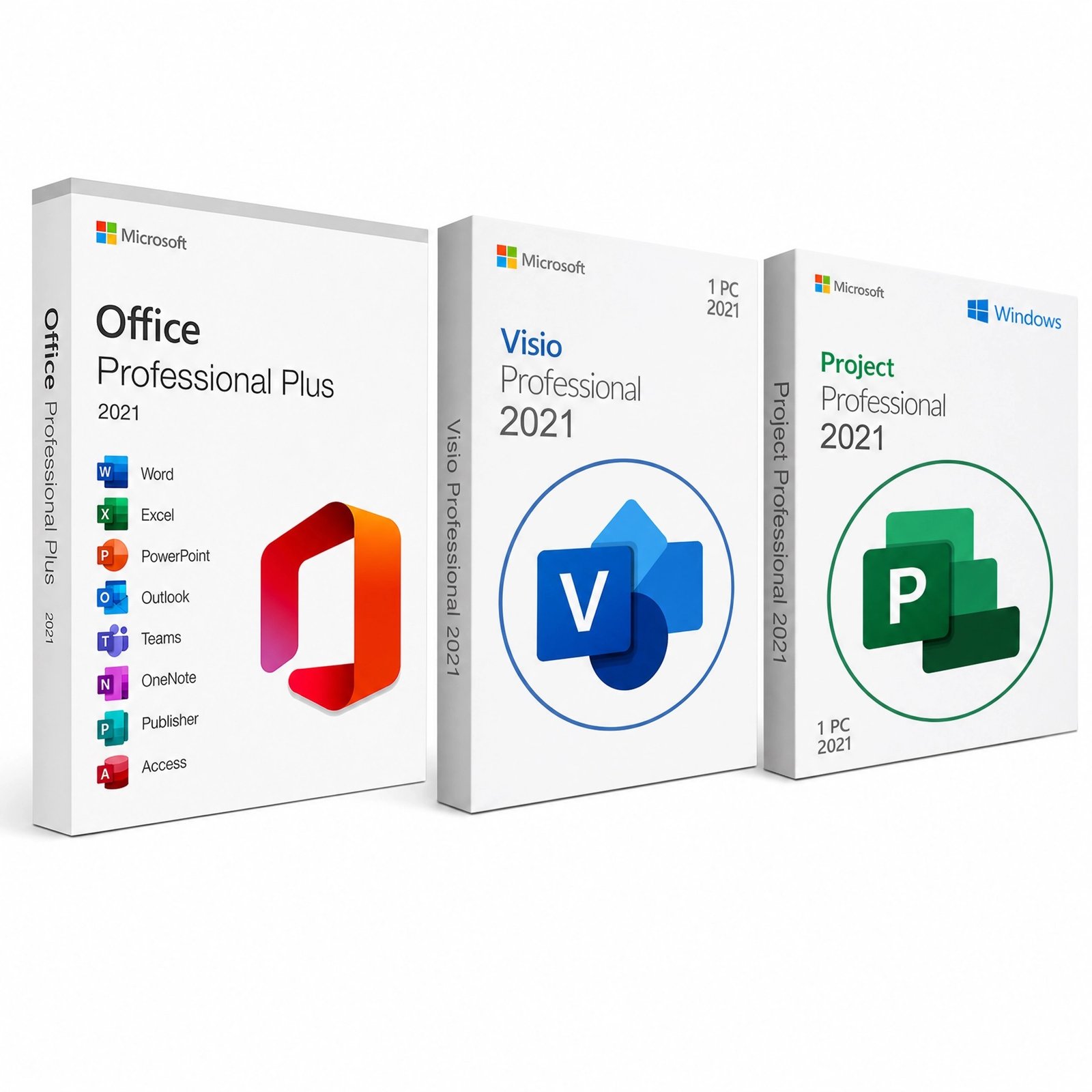 Microsoft Office 2021 Pro Plus, Visio and Project bundle boxes