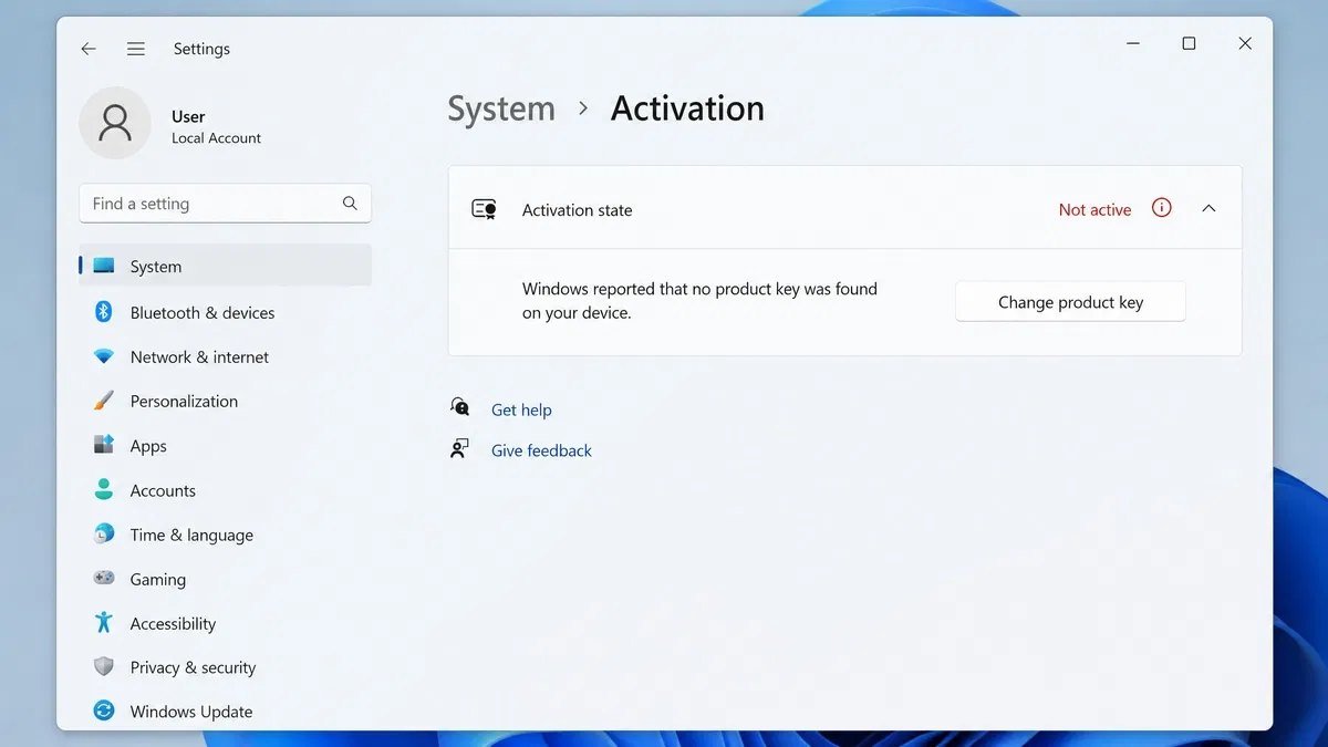 Windows 11 Settings System Activation page showing Windows is not activated with the Change product key option visible