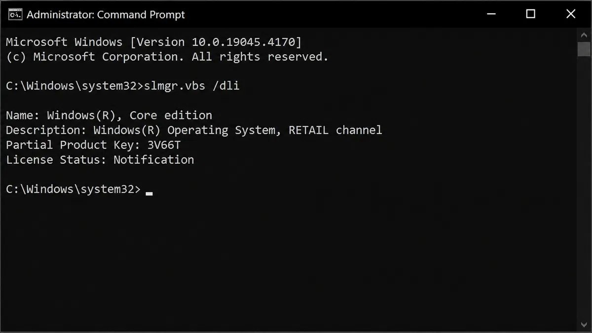 Command Prompt running as administrator showing slmgr vbs dli output with licence description, partial product key and licence status