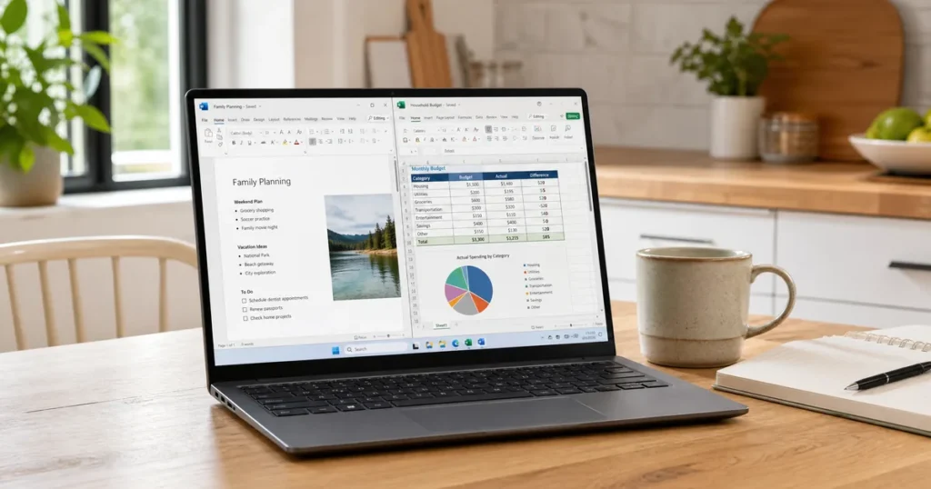 Best Microsoft Office for home use shown on a laptop with Word and Excel open at a kitchen table