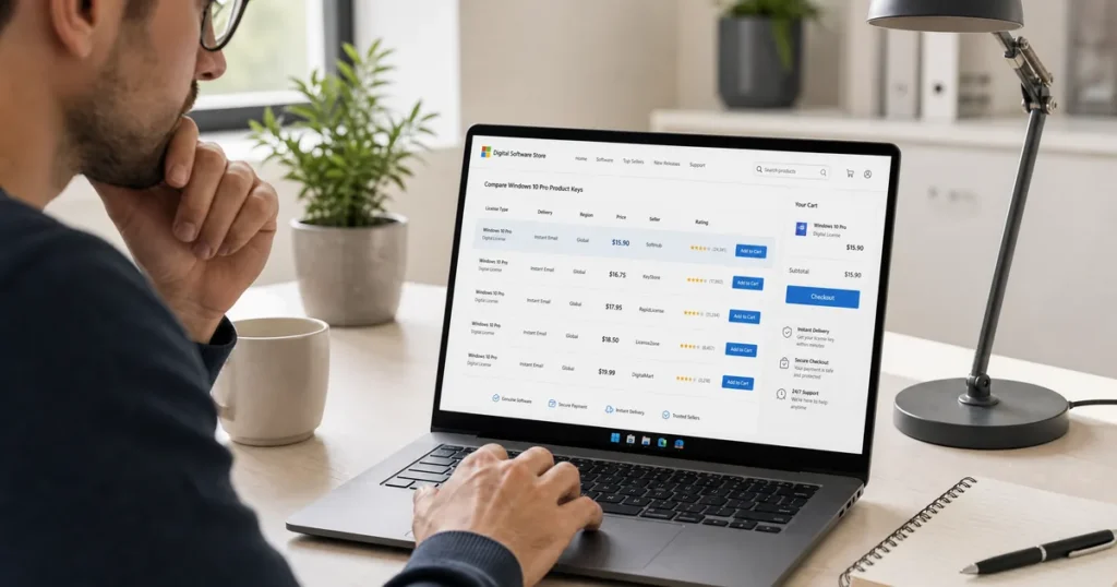 Comparing the best stores to buy a Windows 10 Professional product key on a laptop