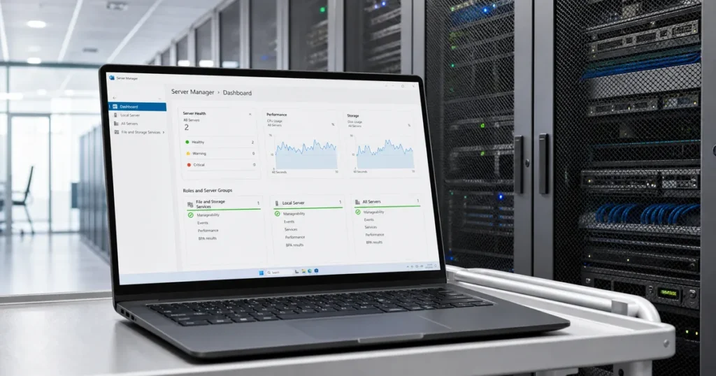 Server rack and technician laptop illustrating what to know before you buy Windows Server