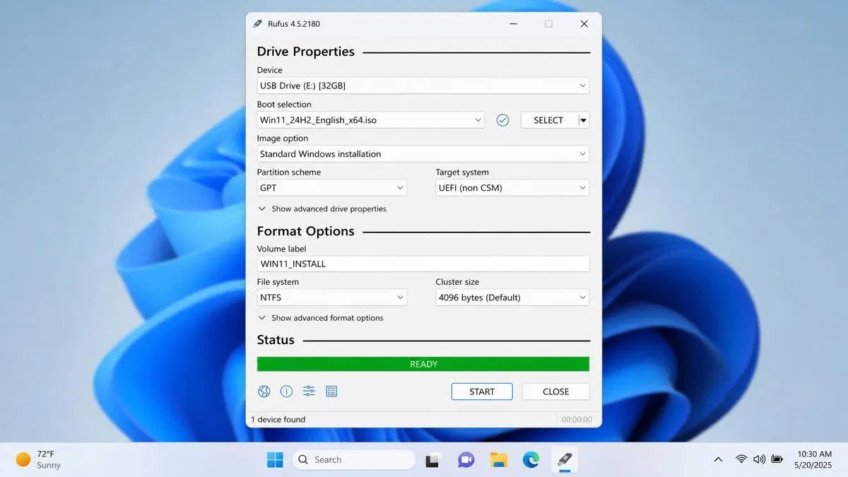 Rufus utility window configured to write a Windows 11 ISO to a USB drive with the GPT partition scheme selected