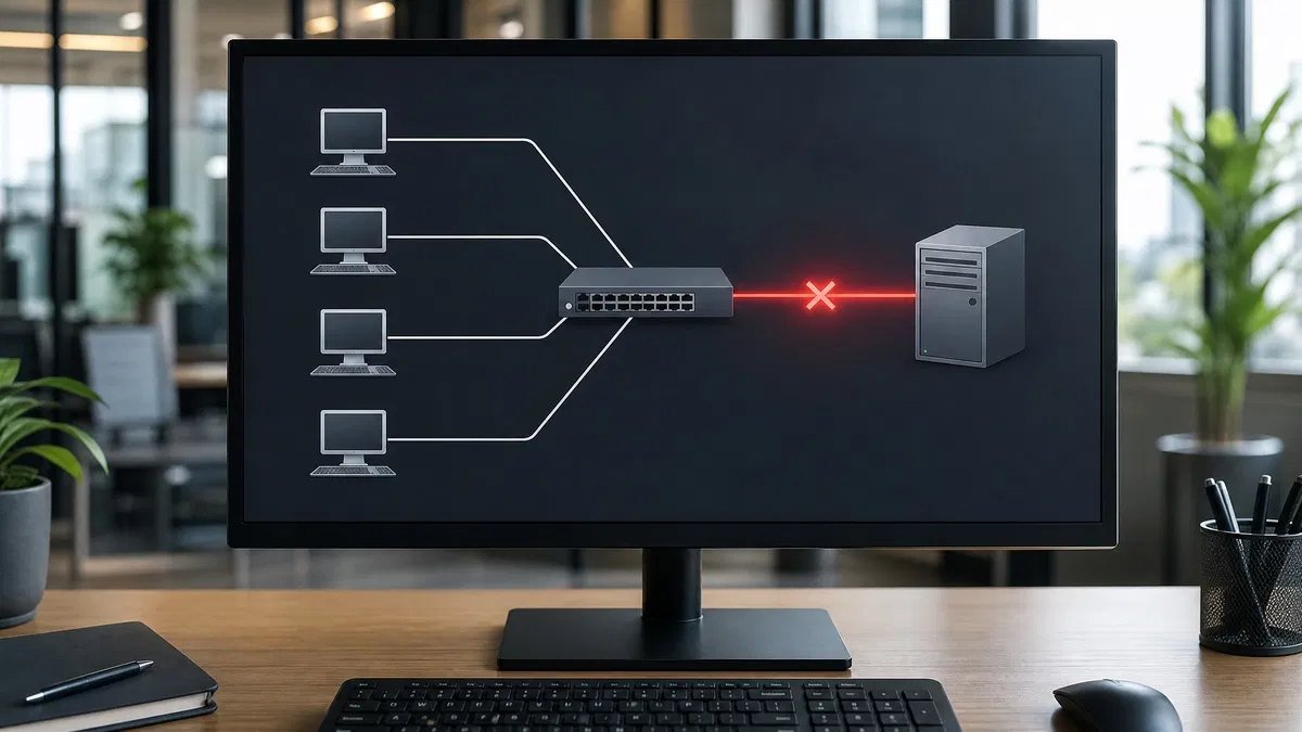 Network diagram showing several client computers connecting through a switch to a single server with one connection highlighted