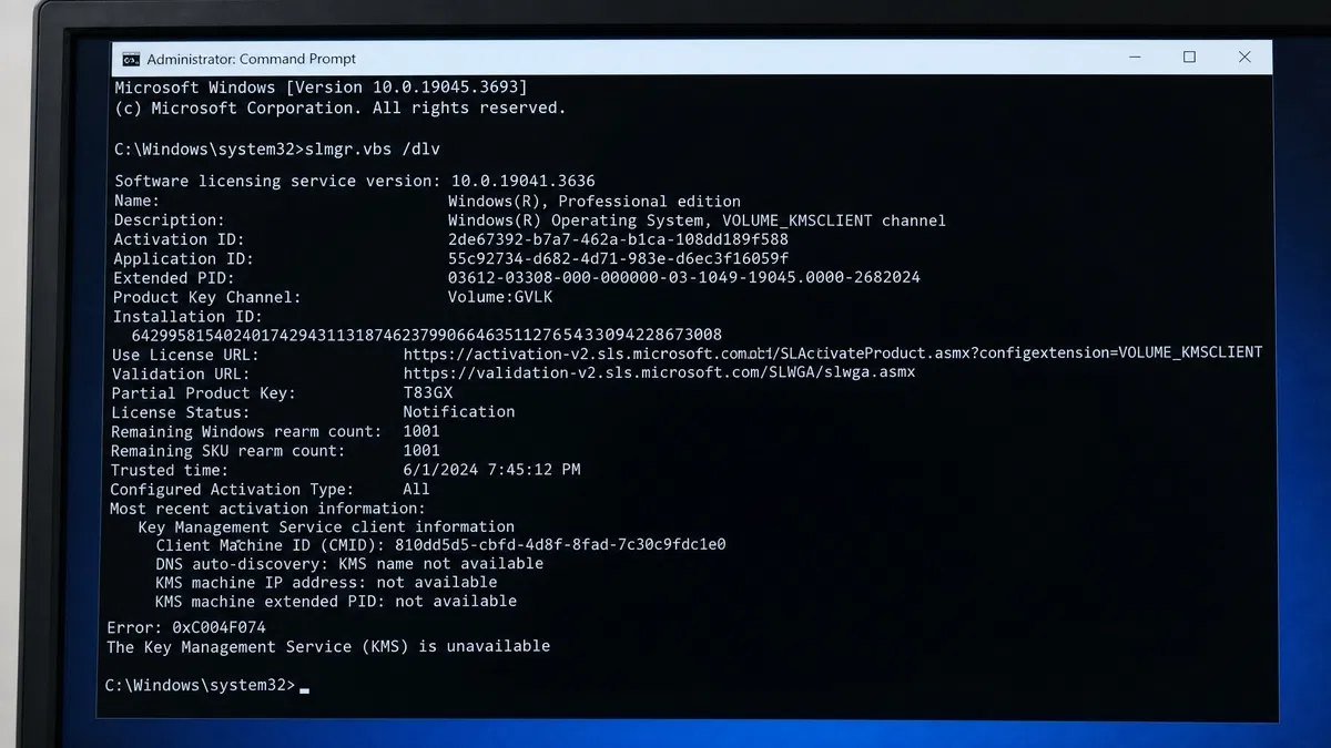 Command Prompt window running an administrative licensing status command with several lines of output visible