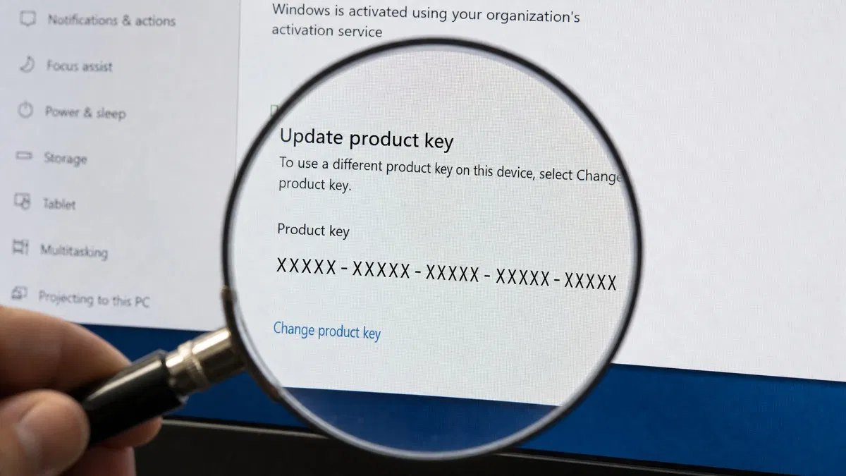 Close-up of a screen showing a Windows product key made up of five groups of five characters with a magnifying glass over it