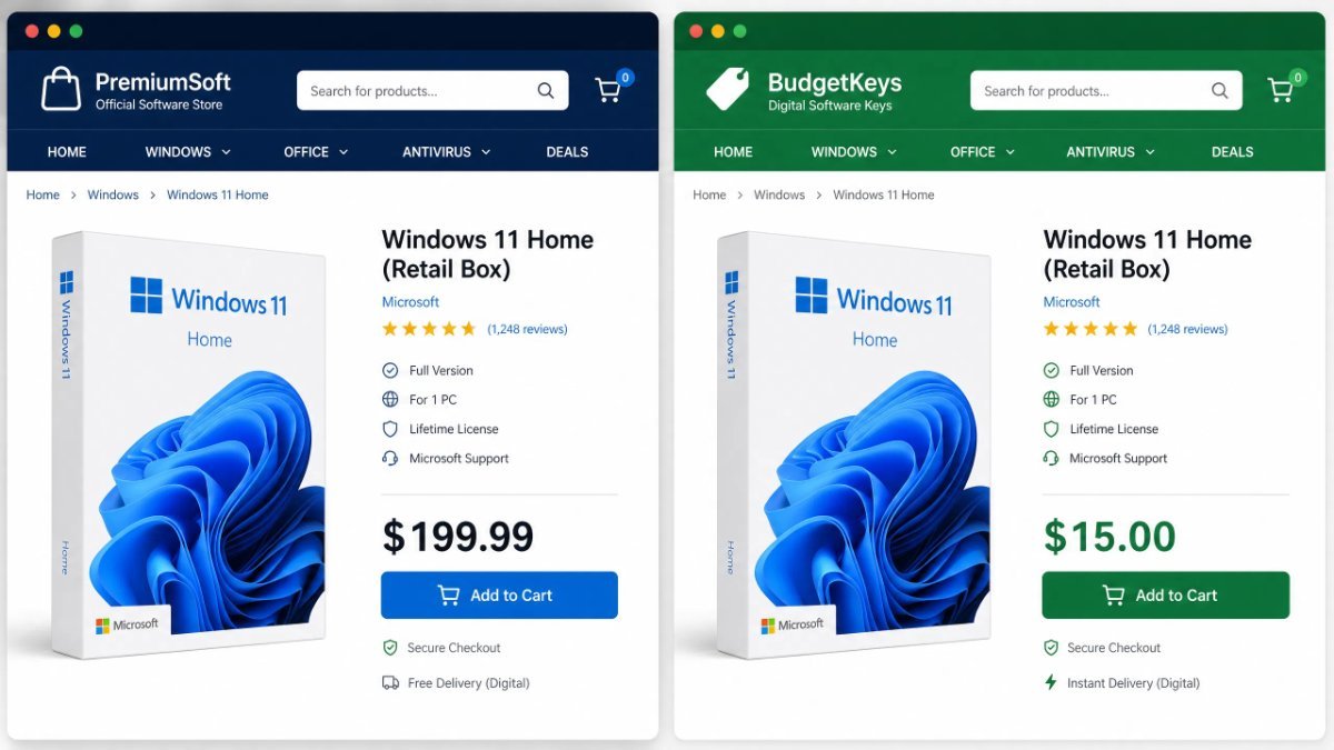 is it safe to buy cheap microsoft license keys – same Windows box priced differently at two stores