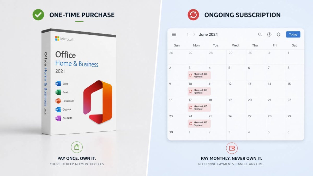 microsoft office one time purchase – boxed Office license vs monthly subscription calendar