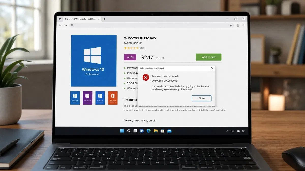 Laptop screen showing a Windows activation error message with a marketplace listing for a discounted product key open behind it