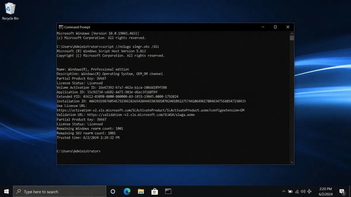 Windows Command Prompt window showing slmgr output with the licence description line indicating an OEM channel activation