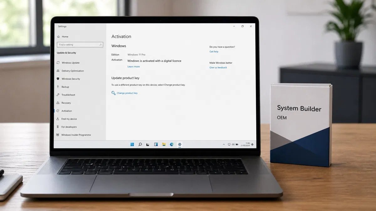 Laptop showing the Windows activation settings page with the message that Windows is activated with a digital licence next to a system builder software box
