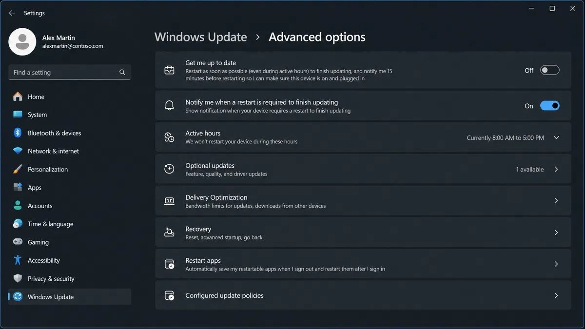 Windows 11 Update advanced options showing the get me up to date toggle switched off and the restart notification setting enabled