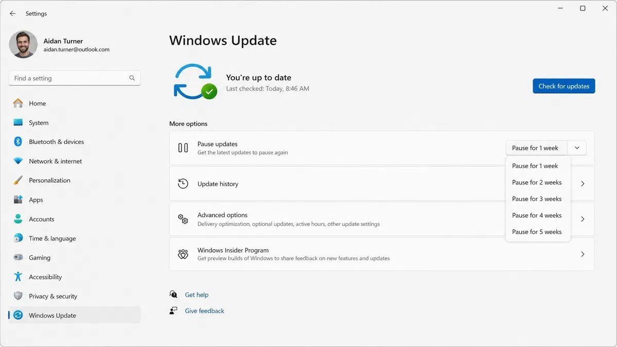 Windows Update settings page showing the pause updates option with a calendar of paused weeks