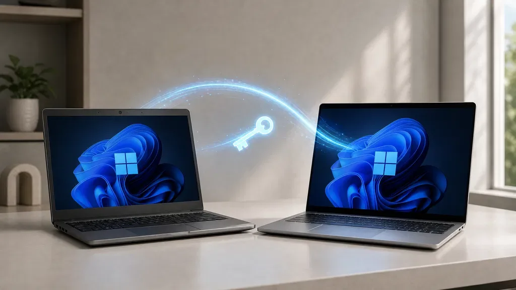 Transfer Windows 11 license to new computer - a digital key moving from an old laptop to a new one