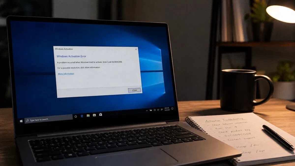 Windows activation error dialog on screen showing an error code with a laptop and a notepad of written notes beside it