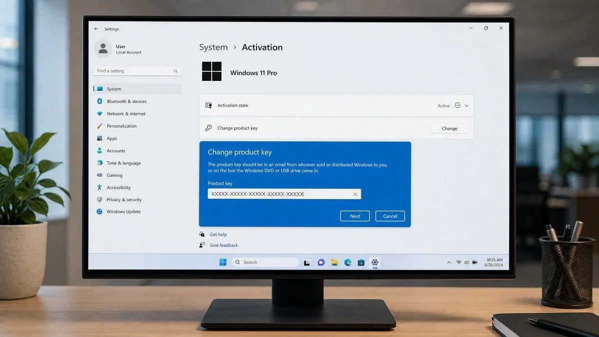 Windows 11 Settings activation panel showing the option to change the product key with a product key entry field open
