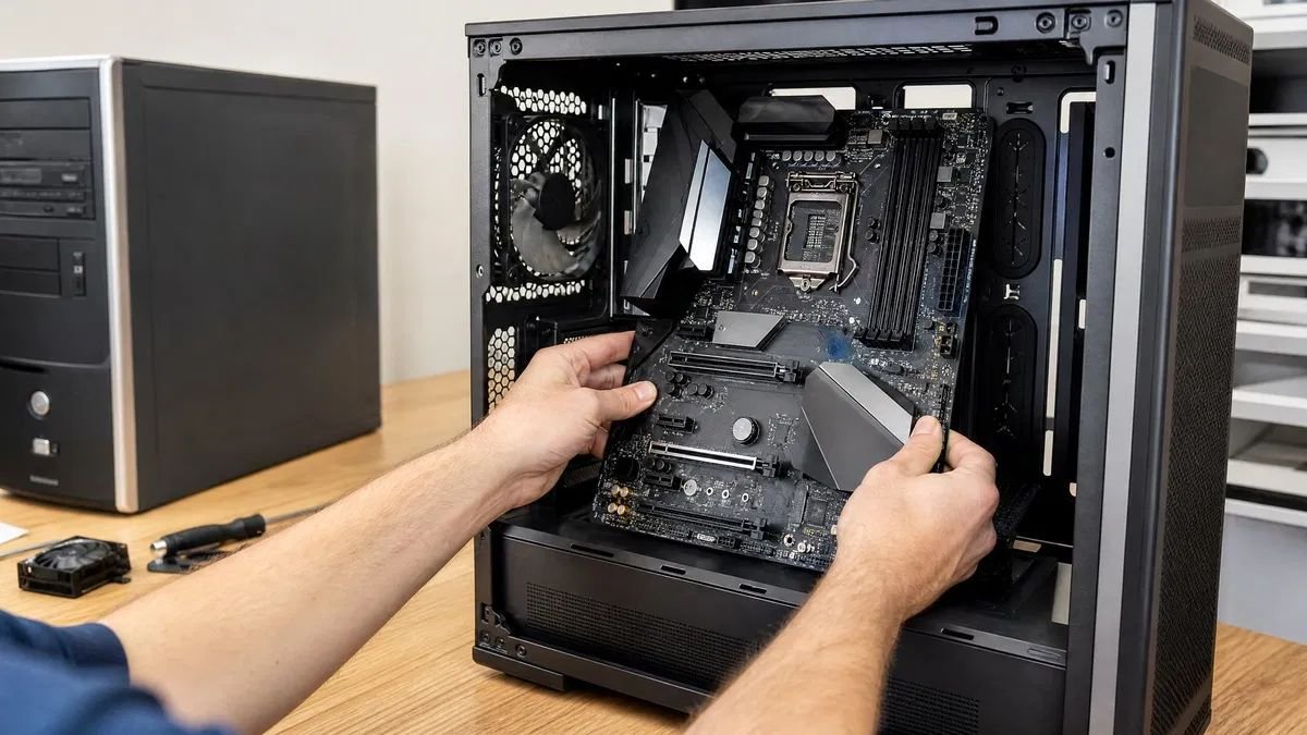 Person installing a new motherboard into a desktop PC case with an old computer sitting alongside on the desk