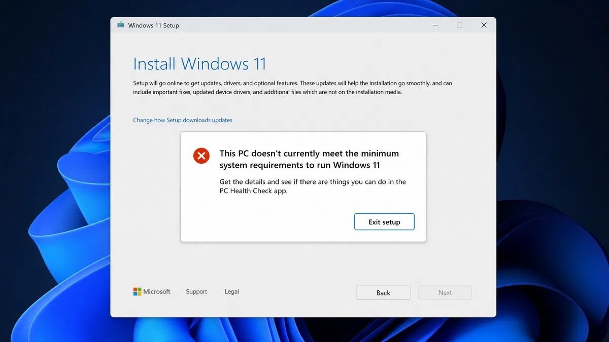 Windows 11 setup showing that this PC does not currently meet the minimum system requirements