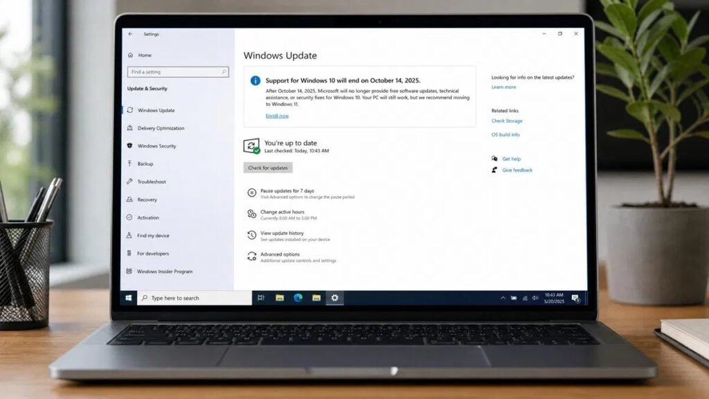 Windows 10 Settings Windows Update page showing the Enroll now link for Windows 10 ESU