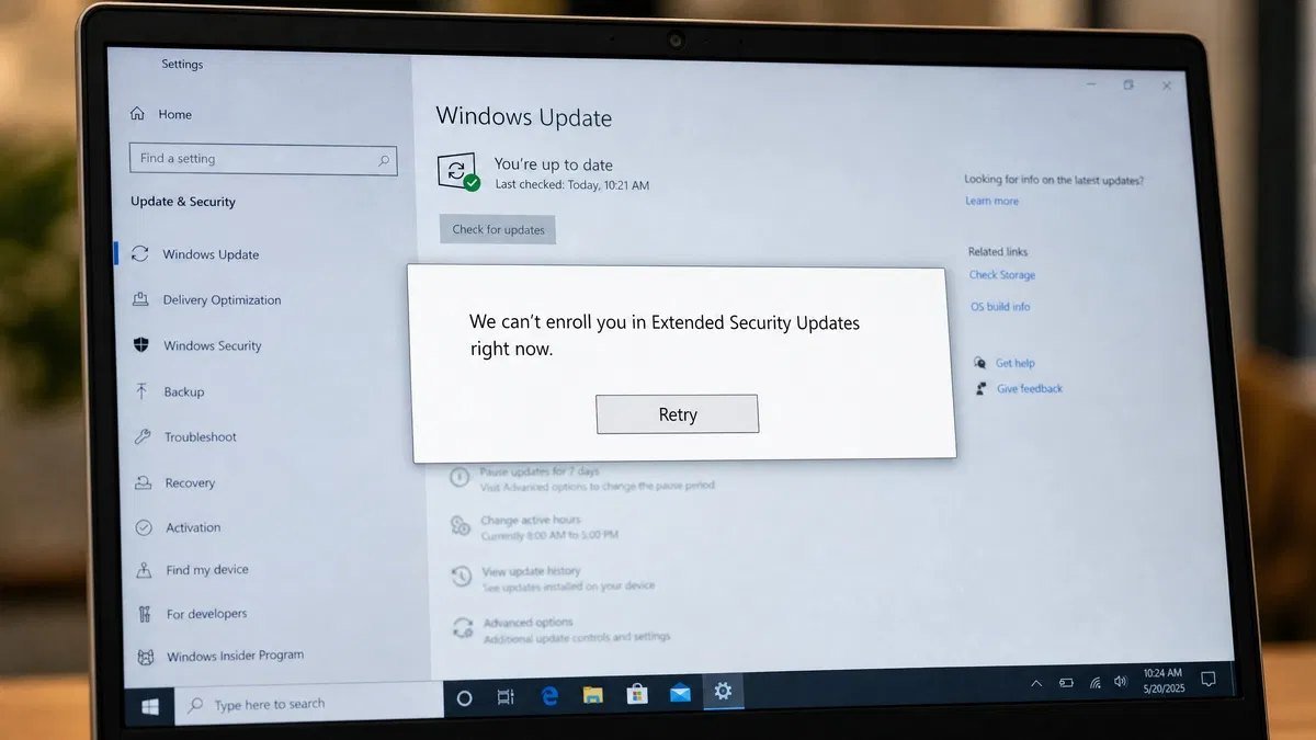 Windows Update screen showing a Windows 10 ESU enrolment error message with a retry button