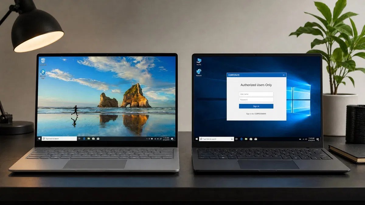 Two laptop screens side by side comparing a home Windows 10 desktop with a business domain-joined desktop for Windows 10 ESU eligibility