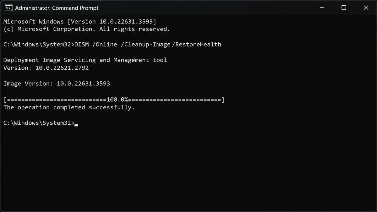 Command Prompt running as administrator showing the DISM Online Cleanup-Image RestoreHealth command completing at 100 percent with the operation completed successfully message