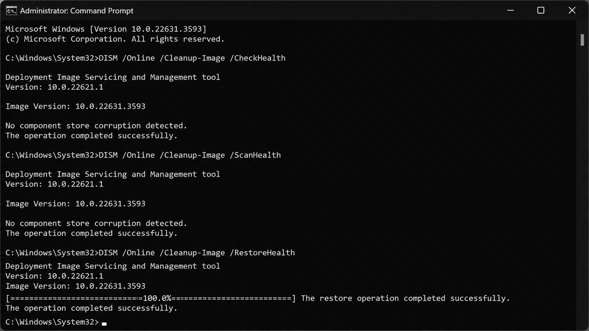 Command Prompt running as administrator with the DISM CheckHealth, ScanHealth and RestoreHealth commands showing the restore operation completed successfully