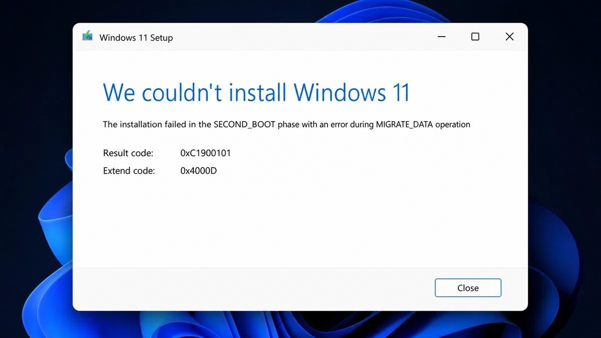 Windows setup error dialog showing the paired code 0xC1900101 - 0x4000D with the result code and extend code labelled separately