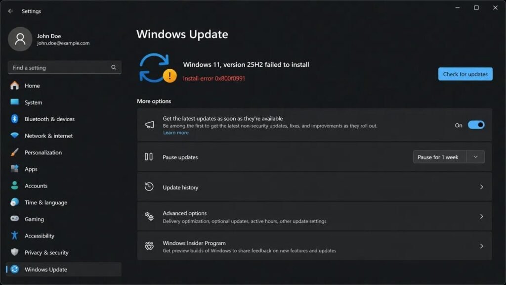 Windows Update screen showing Windows 11 version 25H2 failed to install with the red text Install error 0x800f0991