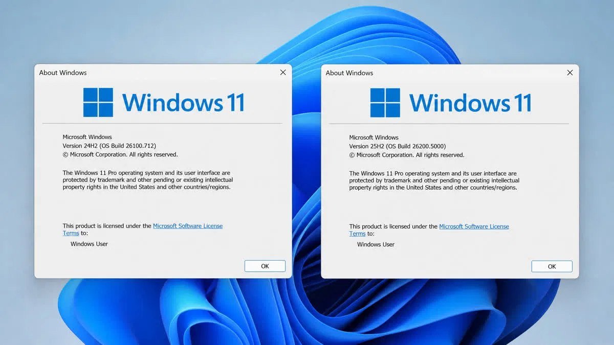 Side by side winver dialog boxes comparing Windows 11 Version 24H2 Build 26100 with Version 25H2 Build 26200