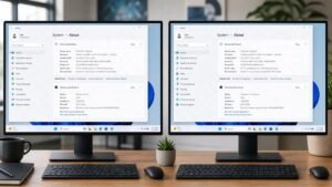 Side by side Windows 11 About pages showing Edition listed as Windows 11 Pro on one desktop and Windows 11 Enterprise on the other