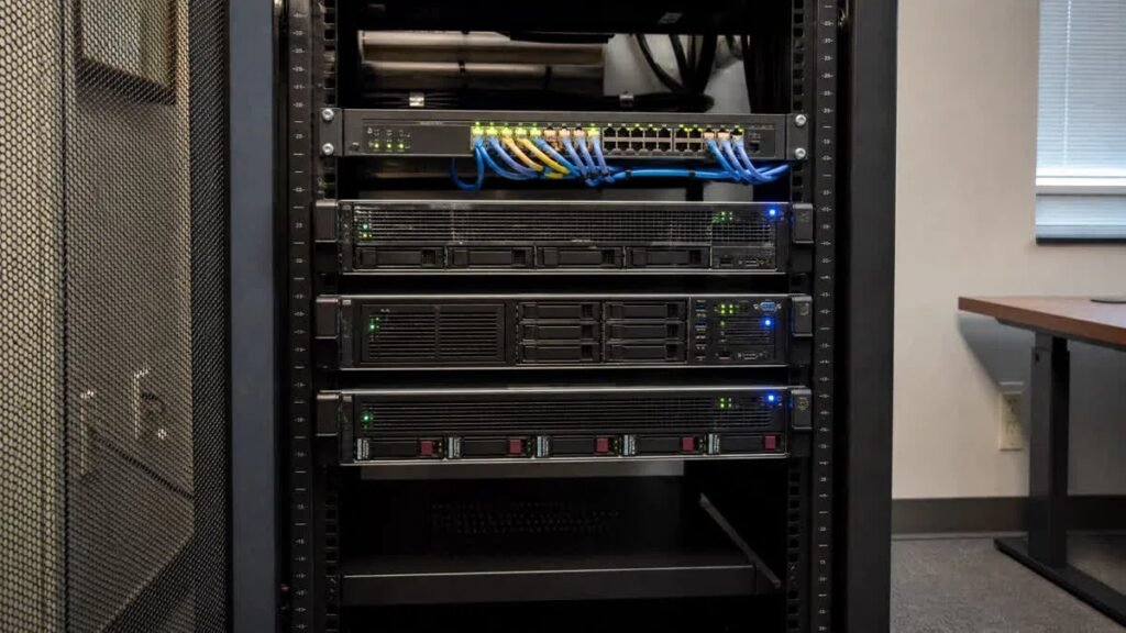 Server rack in a small office room with three rack-mounted servers and a network switch with status lights lit