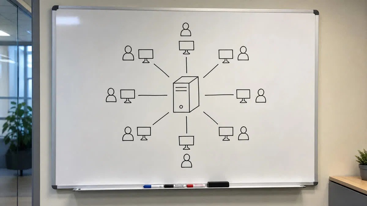 Whiteboard diagram showing a central server box connected by lines to several smaller user and computer icons arranged around it
