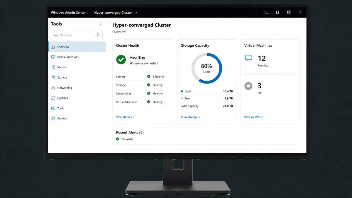 Windows Admin Center dashboard showing a hyperconverged cluster overview with node health, storage pool capacity and virtual machine counts