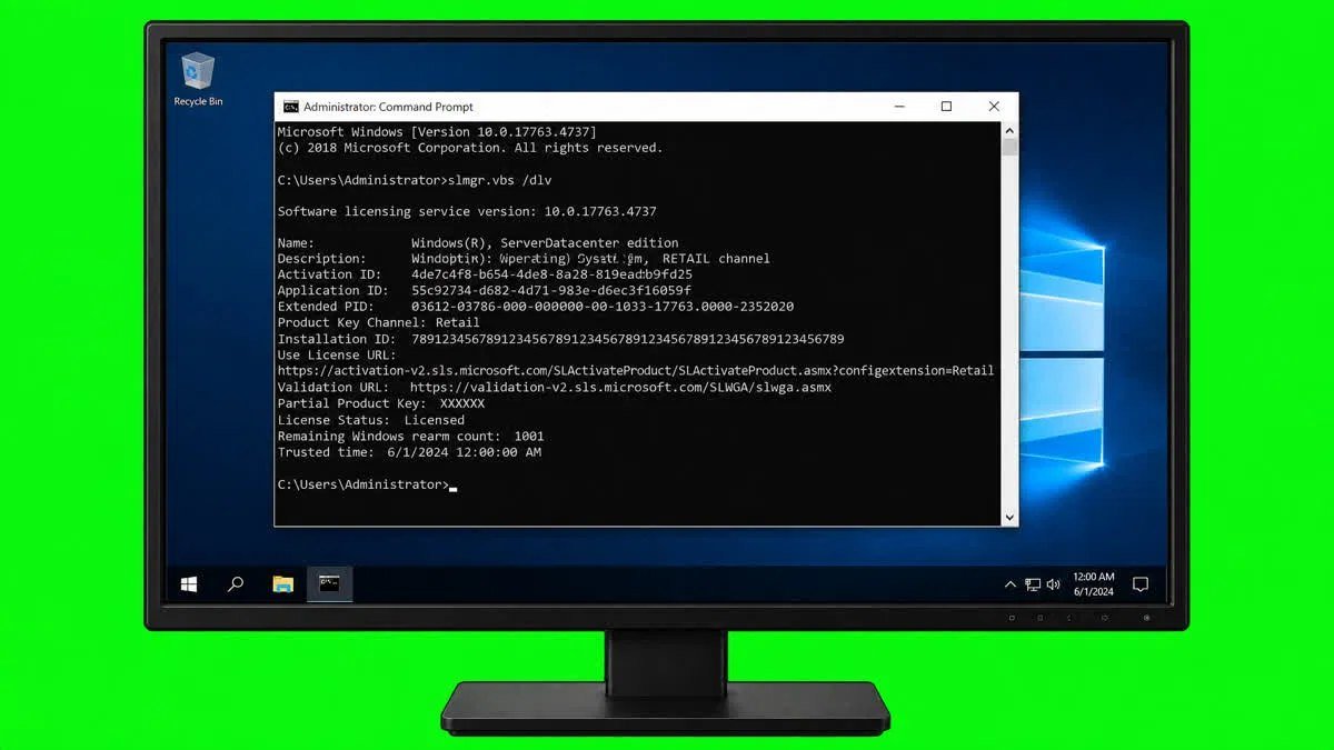 Windows Server command prompt showing slmgr vbs dlv output with licence description, partial product key and licence status for a Datacenter installation