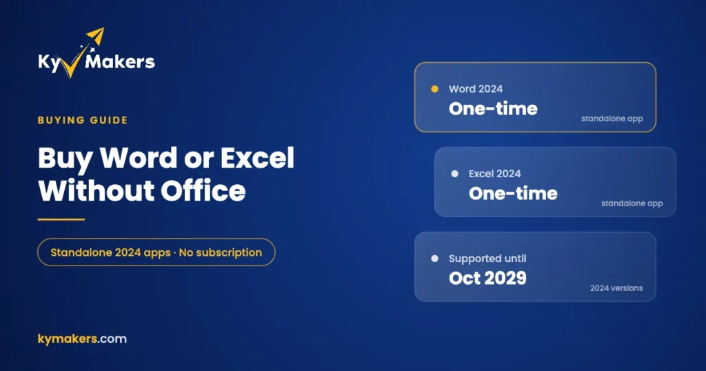 Standalone Word 2024 and Excel 2024 one-time licenses without an Office suite, supported until October 2029