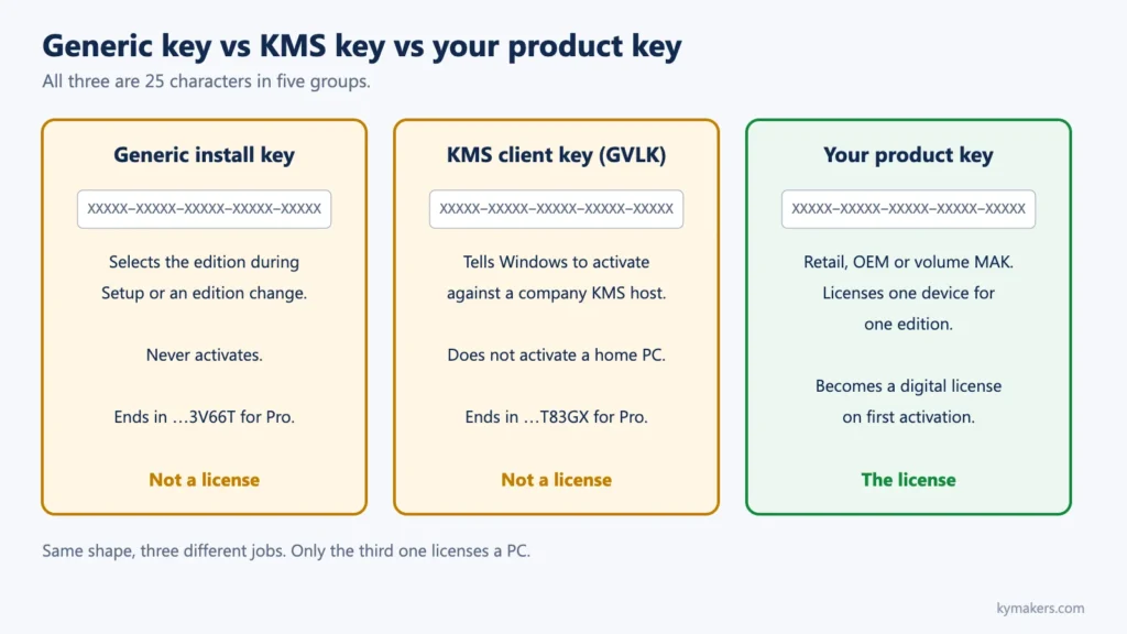Three kinds of Windows keys compared: generic installation key, KMS client key and product key