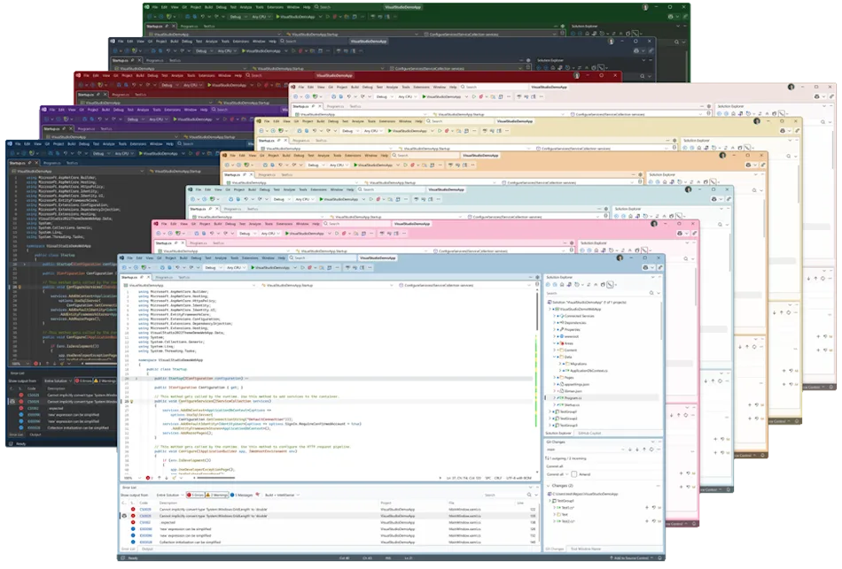 Visual Studio 2026 screenshot showing the new collection of tinted editor themes