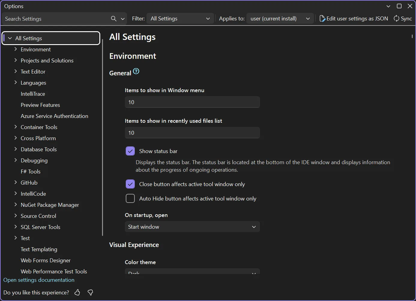 Visual Studio 2026 screenshot of the new unified Settings page with search, part of the Fluent UI redesign