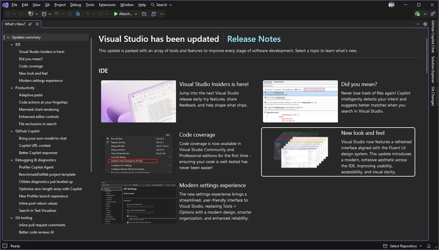 Visual Studio 2026 screenshot of the redesigned What's New launch page